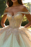 Vestido de bola de champanhe brilhante fora do ombro tule vestido quinceanera com frisos