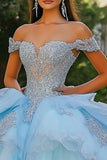 Princesa azul céu fora do ombro tule vestido quinceanera com apliques