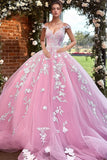 Off The Shoulder Vestido Quinceanera Rosa Brilhante com Flores 3D