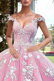 Off The Shoulder Vestido Quinceanera Rosa Brilhante com Flores 3D