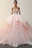 Princesa Rosa Ball Gown Strapless Ruffles Appliques Tule Quinceanera Vestido com mangas destacáveis