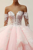 Princesa Rosa Ball Gown Strapless Ruffles Appliques Tule Quinceanera Vestido com mangas destacáveis