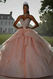 Sparkly Rosa Ball Gown Strapless Sequins Ruffles Vestido Quinceanera