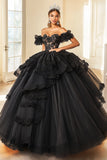 Princesa vestido de bola preta fora do ombro ruffles ruffles tule quinceanera vestido