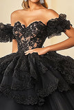 Princesa vestido de bola preta fora do ombro ruffles ruffles tule quinceanera vestido