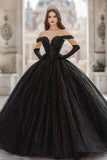Lantejoulas fora do ombro vestido de bola preto longo vestido quinceanera