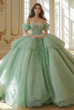 Hortelã Off The Shoulder Tule Lace Appliqued Quinceanera Vestido