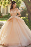 Champanhe Off The Shoulder Tule Lace Appliqued Quinceanera Vestido
