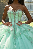 Mint Ball Gown Strapless Tulle Appliqued Quinceanera Vestido