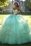 Mint Ball Gown Strapless Appliqued Tulle Quinceanera Vestido