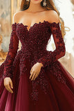 Borgonha Ball Gown ombro frio Appliqued Quinceanera vestido com 3/4 mangas