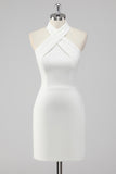 A-Line Halter Neck Cetim Vestido de Formatura Branco