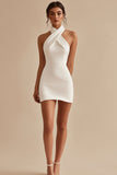 Halter Neck A-Line Cetim Joelho Comprimento Vestido Branco Pequeno