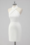 A-Line Halter Neck Cetim Vestido de Formatura Branco