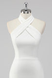 A-Line Halter Neck Cetim Vestido de Formatura Branco