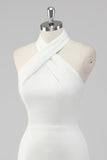 A-Line Halter Neck Cetim Vestido de Formatura Branco