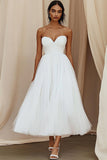 A-Line Querida Tulle Tornozelo Comprimento Vestido Branco Pequeno