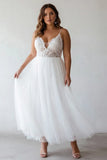 Vestido Branco Midi de Tule com Alças Finas e Renda