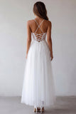 Vestido Branco Midi de Tule com Alças Finas e Renda