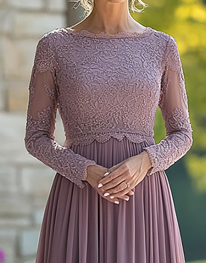 Black Tie Vintage Mauve Coluna Scoop Chiffon Long Mãe do Vestido da Noiva com Apliques de Renda