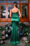 Sereia Verde Escuro Esparguete Correias Cetim Vestido Formal Longo
