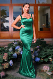 Sereia Verde Escuro Esparguete Correias Cetim Vestido Formal Longo