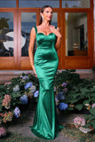Sereia Verde Escuro Esparguete Correias Cetim Vestido Formal Longo