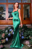 Sereia Verde Escuro Esparguete Correias Cetim Vestido Formal Longo