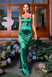 Sereia Verde Escuro Esparguete Correias Cetim Vestido Formal Longo