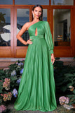Verde A-Line Um ombro manga longa plissado longo vestido formal