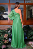 Verde A-Line Um ombro manga longa plissado longo vestido formal