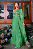 Verde A-Line Um ombro manga longa plissado longo vestido formal