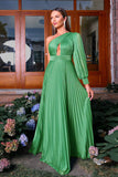Verde A-Line Um ombro manga longa plissado longo vestido formal
