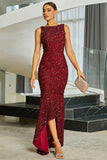 Sparkly Borgonha Sereia Sequins longo vestido formal com fenda