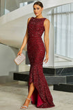 Sparkly Borgonha Sereia Sequins longo vestido formal com fenda