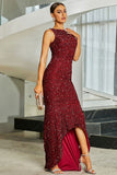 Sparkly Borgonha Sereia Sequins longo vestido formal com fenda