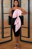 Preto Rosa Bowknot Strapless Bainha Cocktail Dress