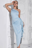 Bodycon azul claro um ombro comprimento chá vestido formal