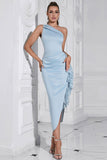 Bodycon azul claro um ombro comprimento chá vestido formal