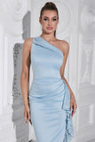 Bodycon azul claro um ombro comprimento chá vestido formal