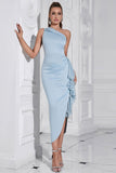 Bodycon azul claro um ombro comprimento chá vestido formal
