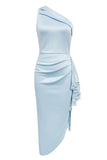 Bodycon azul claro um ombro comprimento chá vestido formal