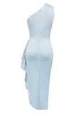 Bodycon azul claro um ombro comprimento chá vestido formal