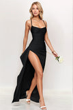 Simples Preto Ruched Espaghetti Correias Vestido Formal Longo com Fenda