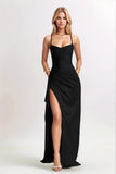 Simples Preto Ruched Espaghetti Correias Vestido Formal Longo com Fenda