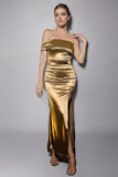 Sereia Dourada Um Ombro Ruched Long Formal Dress com Fenda