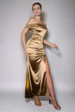 Sereia Dourada Um Ombro Ruched Long Formal Dress com Fenda