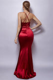 Sereia Borgonha Halter Ruched Long Formal Dress com Fenda
