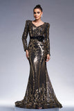 Sparkly Preto Dourado Mangas Longas Bainha Vestido Formal Longo com Bordado de Lantejoulas