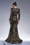 Sparkly Preto Dourado Mangas Longas Bainha Vestido Formal Longo com Bordado de Lantejoulas